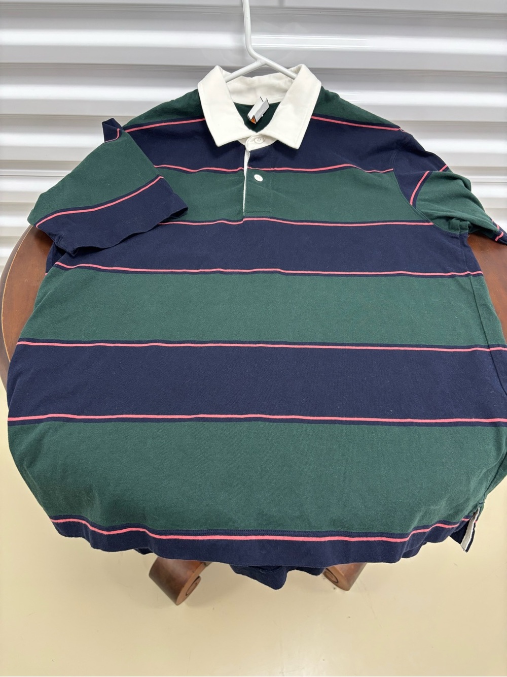 Uniqlo Green & Navy Striped Polo with Cream Collar